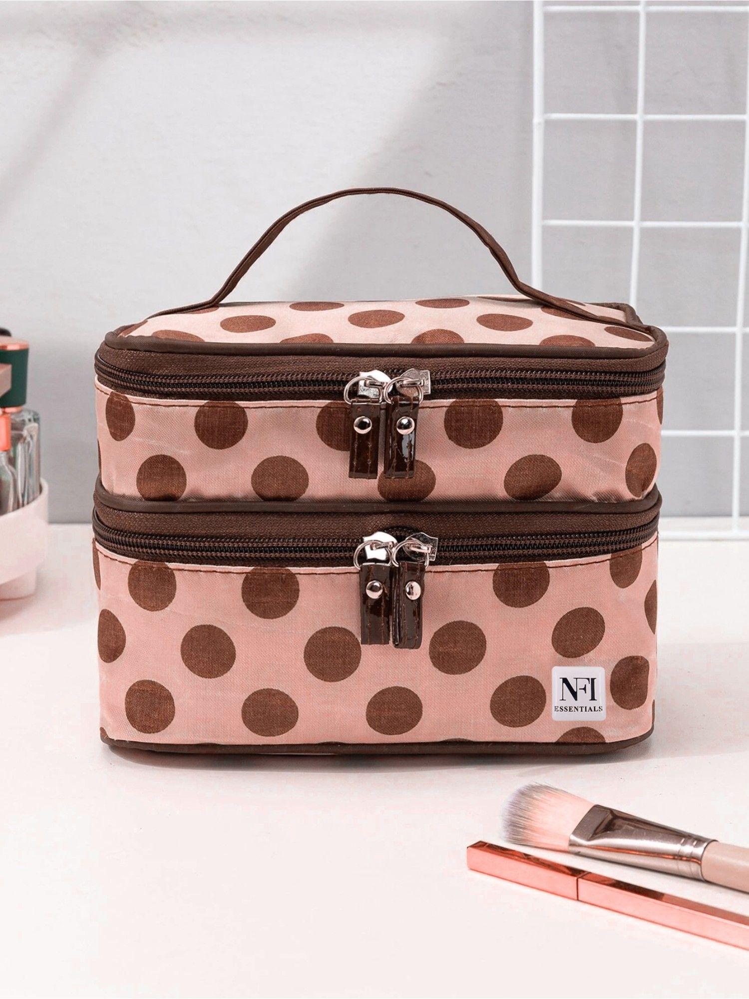 portable polka dots cosmetics pouch double layer dual zipper peach