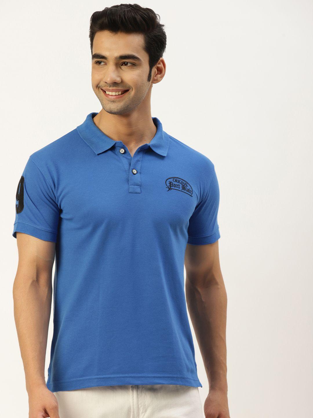 portblair men blue polo collar applique slim fit t-shirt