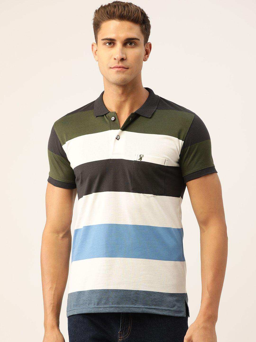portblair men white & olive green striped polo collar slim fit t-shirt