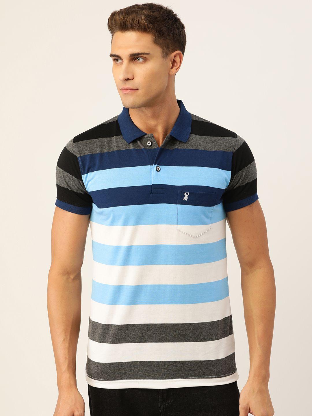 portblair men blue & white striped polo collar slim fit t-shirt