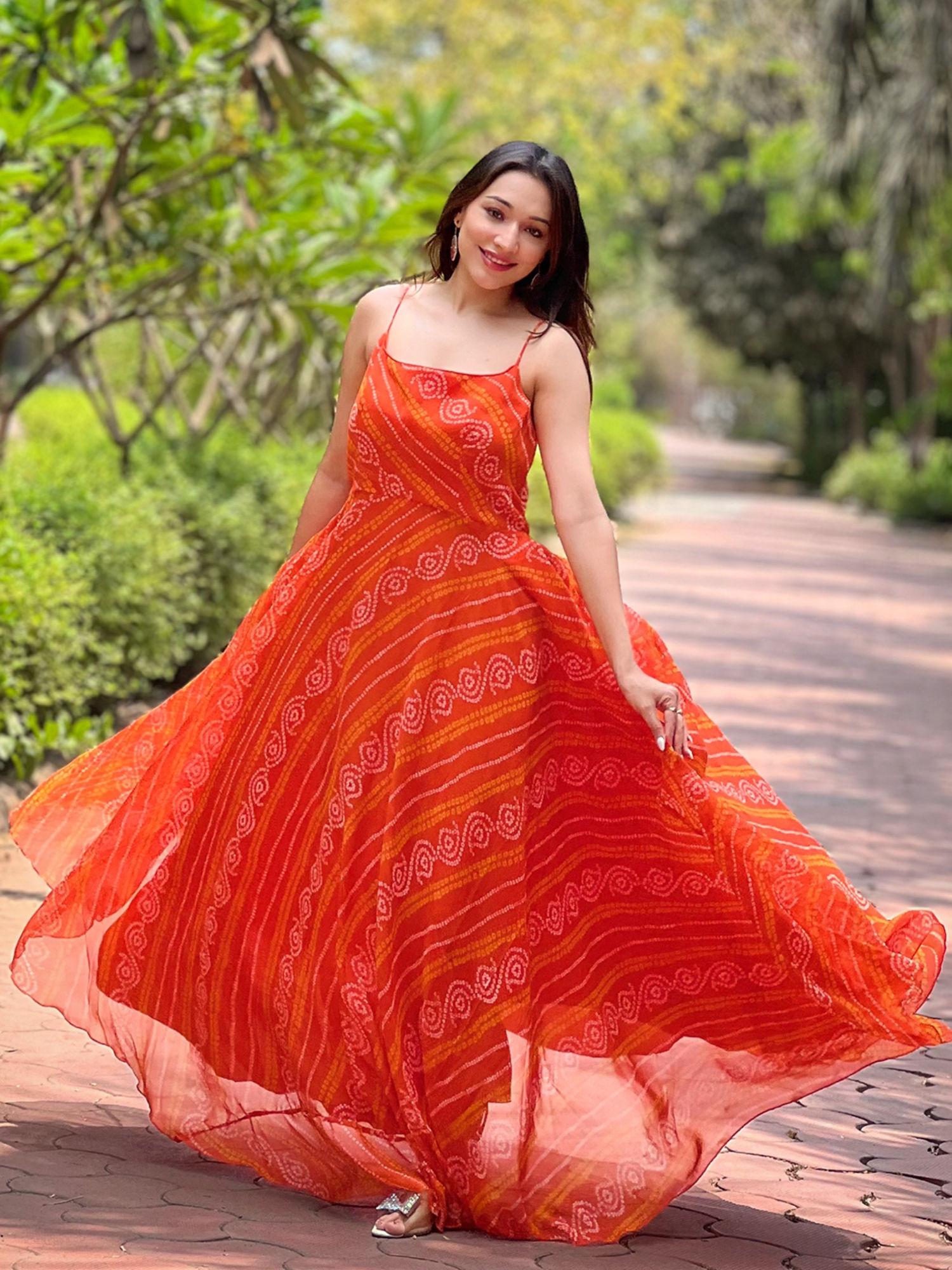 portland orange bandhej print dress