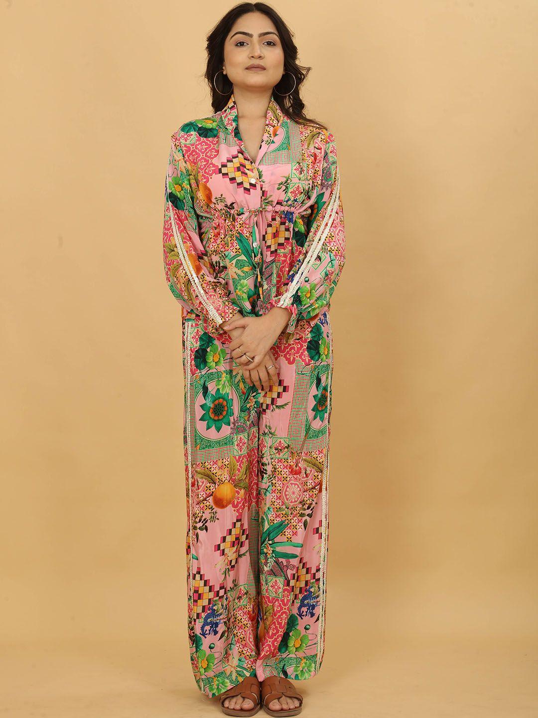 poshaak by radhee mangukiya floral printed shawl collar shirt with trouser