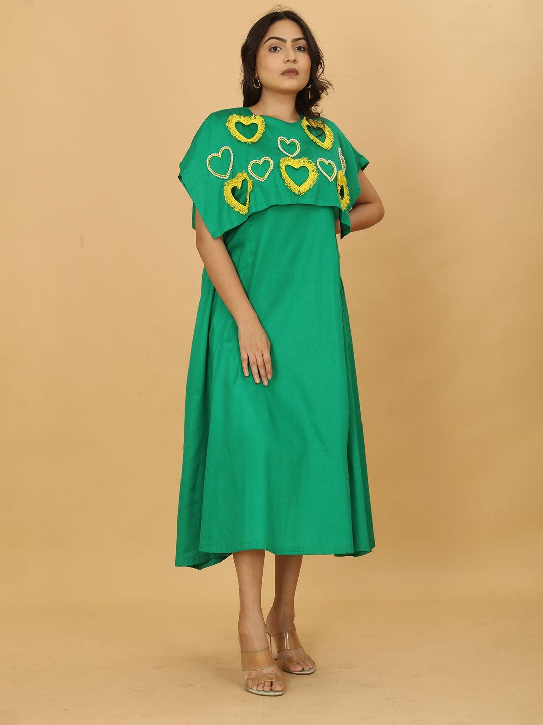 poshaak by radhee mangukiya embellished boat neck cape sleeves cotton a-line midi dress