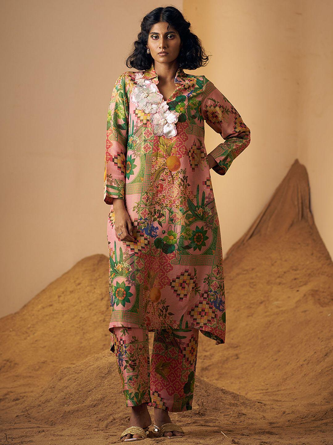 poshaak by radhee mangukiya floral printed sequinned a-line kurta with trousers