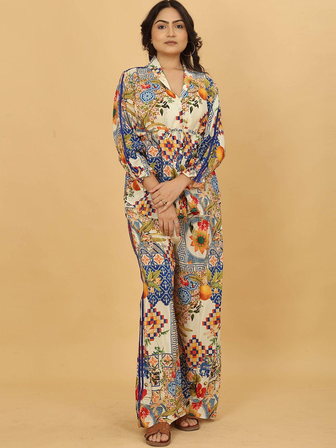 poshaak by radhee mangukiya floral printed shawl collar shirt with trouser