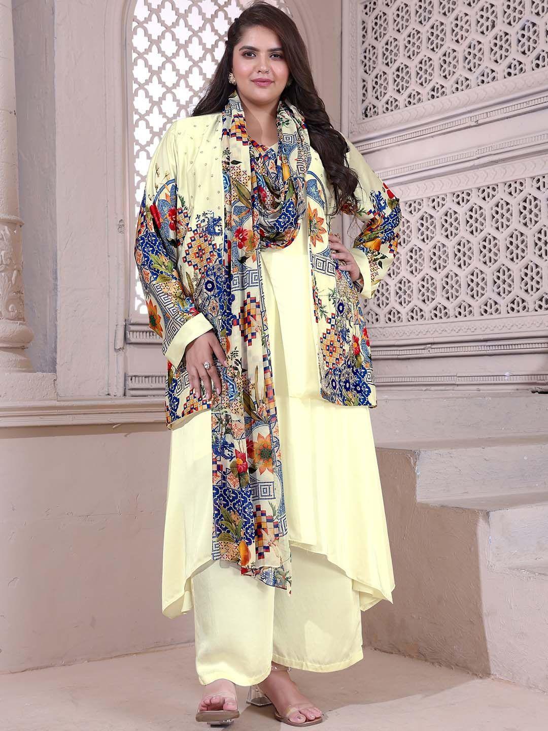 poshaak by radhee mangukiya plus size floral printed kurta with trousers & with dupatta