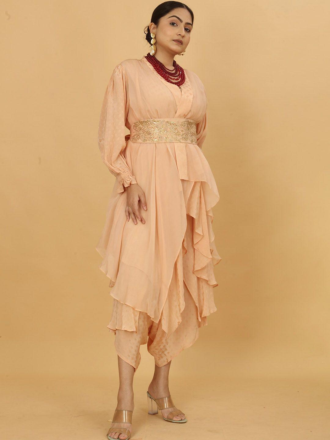 poshaak by radhee mangukiya v-neck layered belted silk crepe kurta with dhoti pants