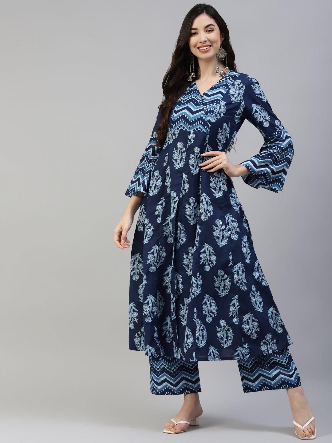 poshak hub women blue ethnic motifs printed pure cotton kurta with palazzos