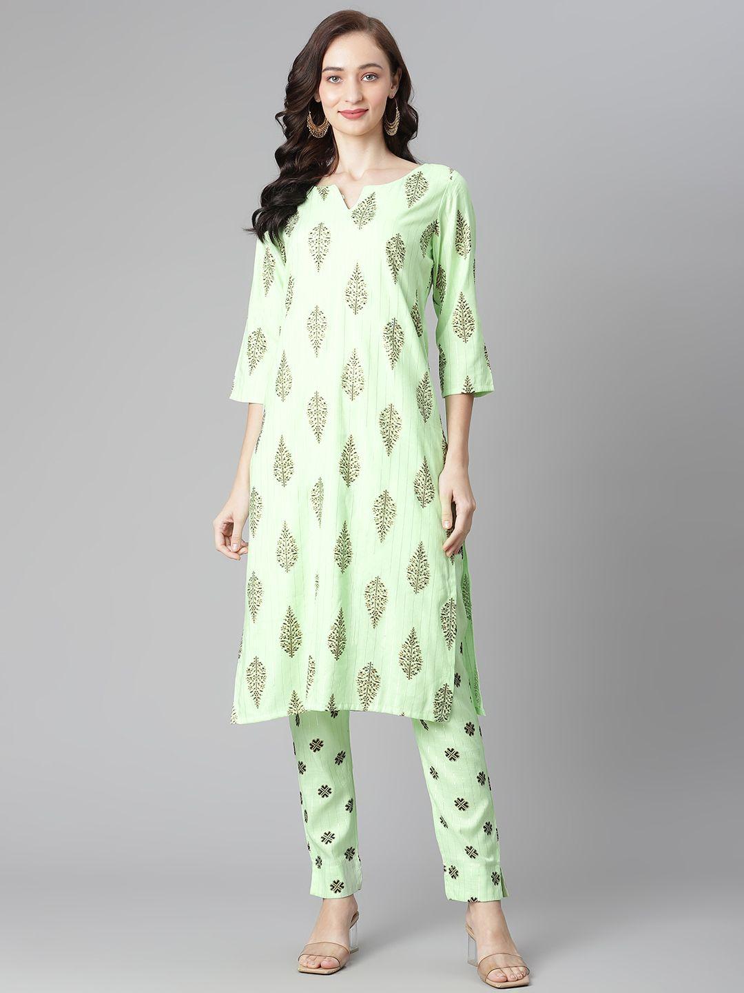 poshak hub women green ethnic motifs printed regular kurta with trousers