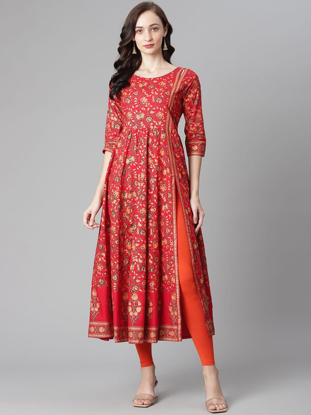 poshak hub women orange & golden printed high slit pure cotton kurta with leggings