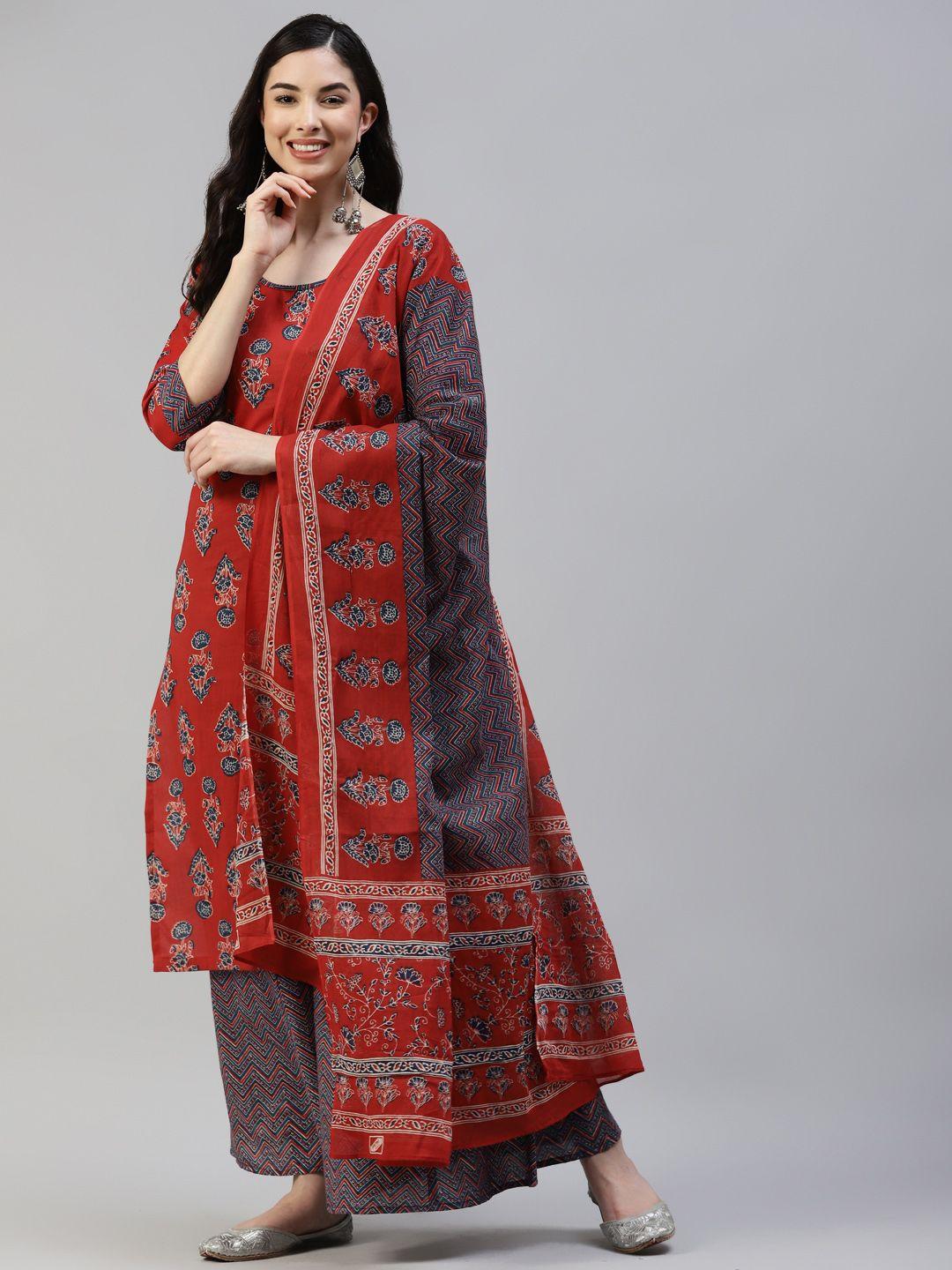 poshak hub women red & white pure cotton ethnic motif print kurta with sharara & dupatta