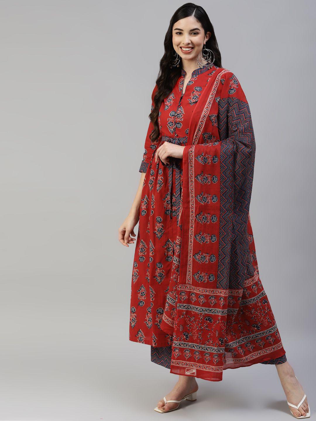 poshak hub women red ethnic motifs printed pure cotton kurta with palazzos & with dupatta