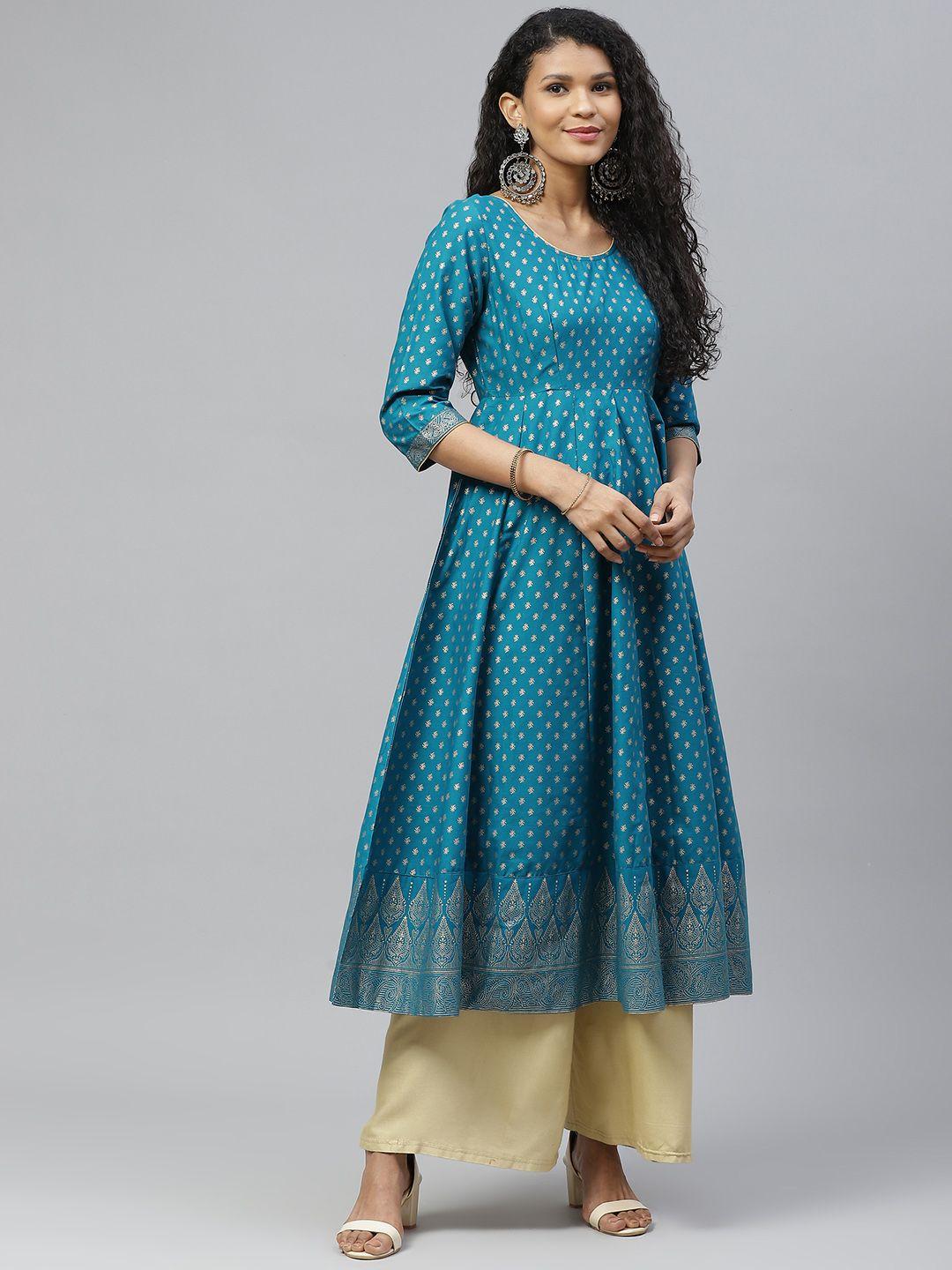 poshak hub women turquoise blue & golden ethnic motif print panelled cotton anarkali kurta