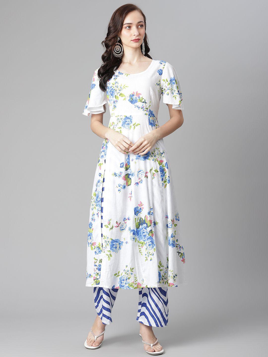 poshak hub women white & blue floral printed pure cotton kurta with palazzos