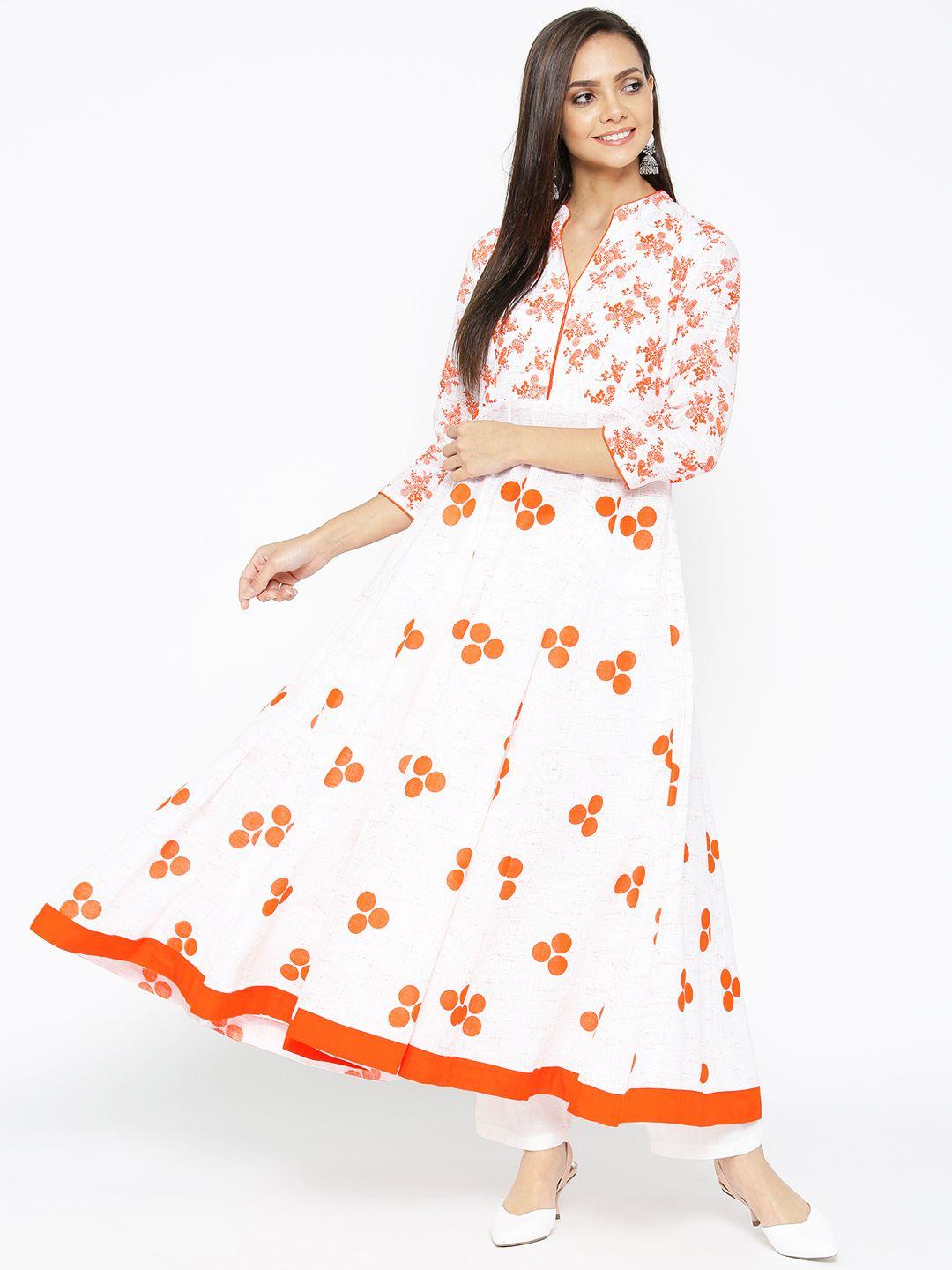 poshak hub women white & orange floral printed anarkali kurta