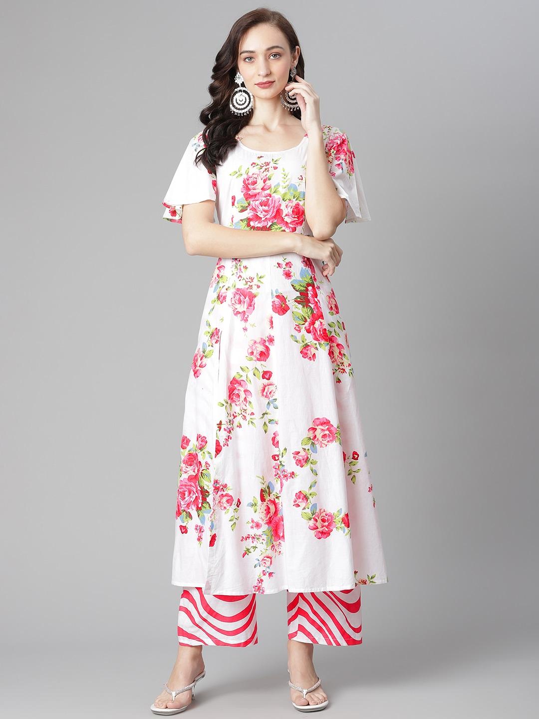 poshak hub women white & pink floral printed pure cotton kurta with palazzos