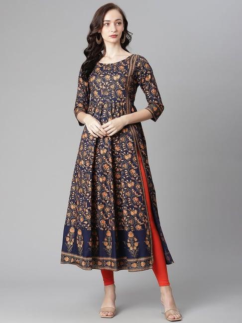 poshak hub blue & orange cotton printed kurta pant set