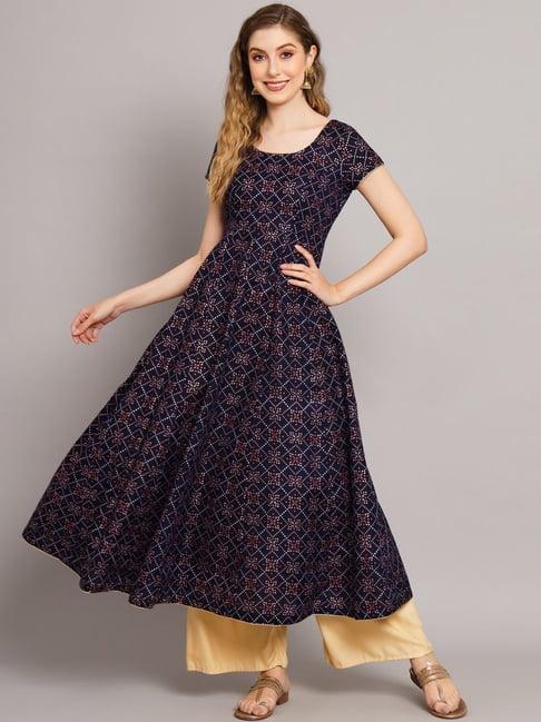 poshak hub blue cotton printed fit and flare kurta