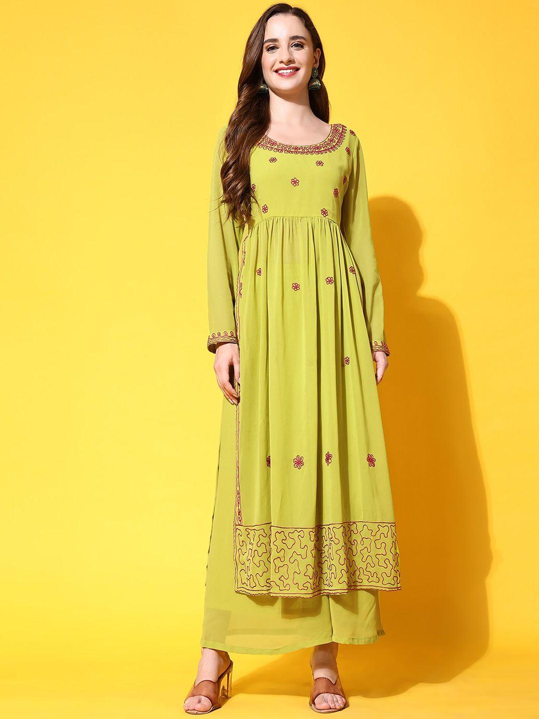 poshak hub floral embroidered thread work georgette a-line kurta with palazzos