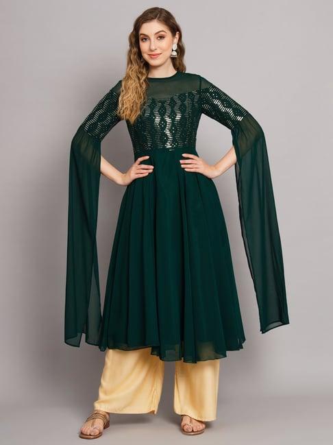 poshak hub green embellished fit and flare kurta