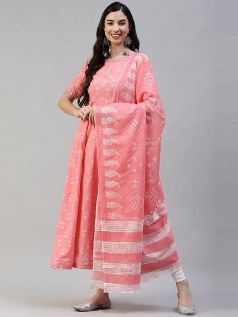 poshak hub pink & white cotton printed kurta churidar set with dupatta