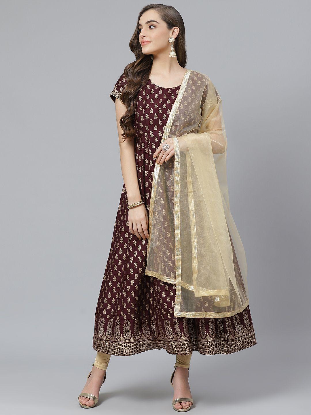 poshak hub women aubergine & beige ethnic motif print kurta with churidar & dupatta