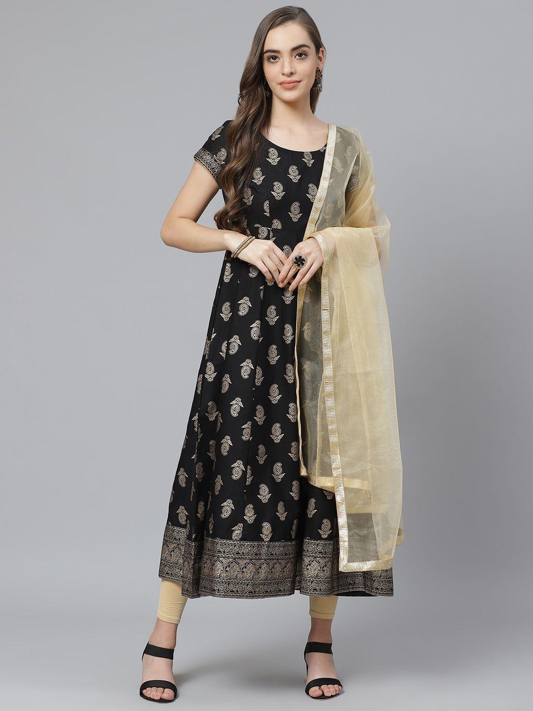 poshak hub women black & beige paisley print kurta with churidar & dupatta