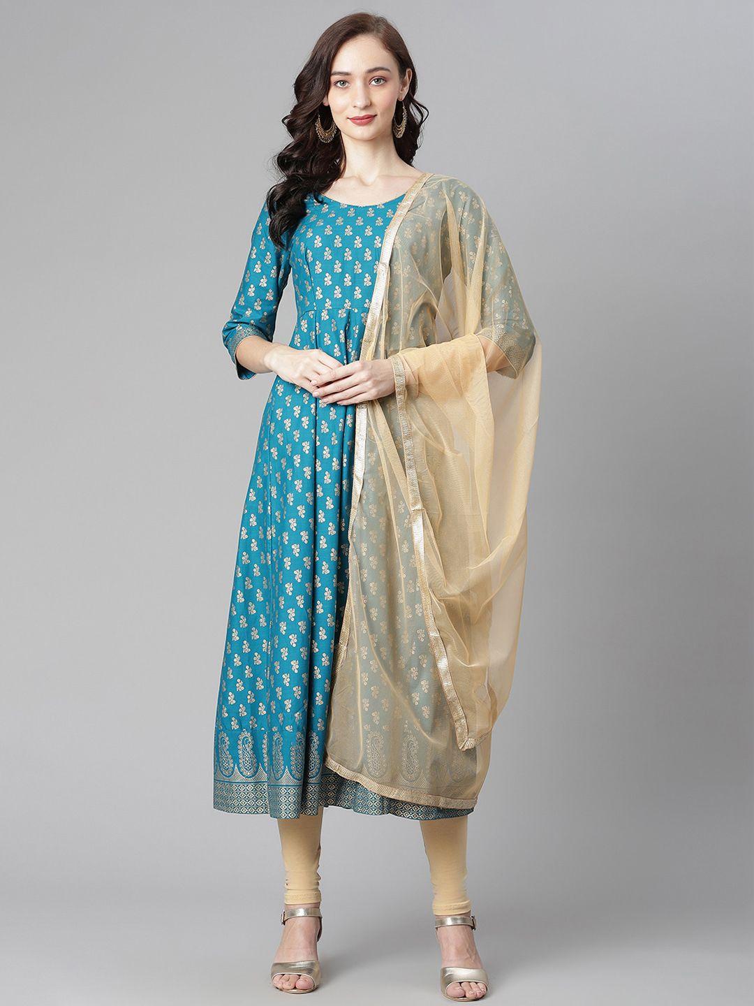 poshak hub women blue & golden printed pure cotton kurta with churidar & with dupatta