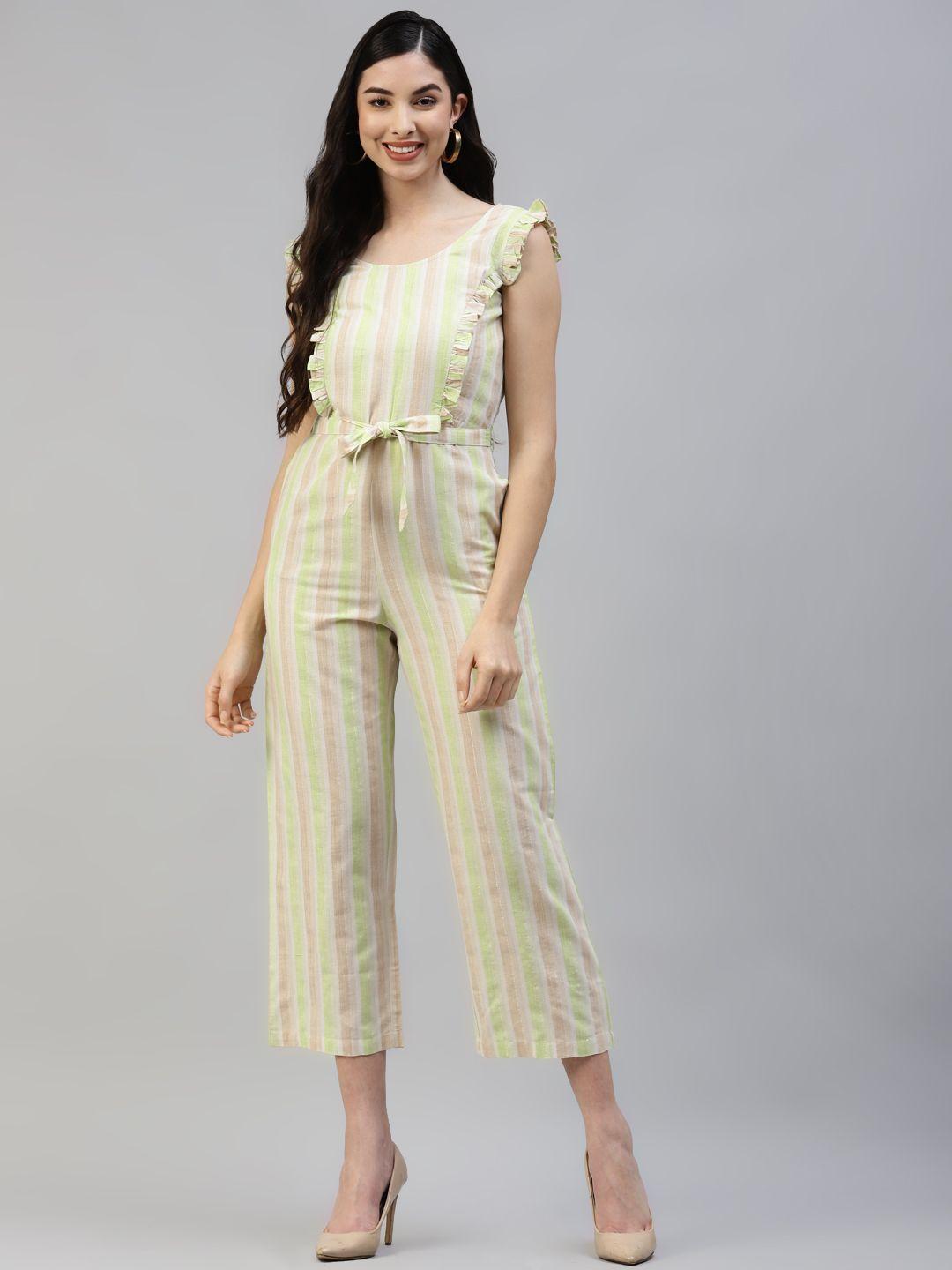 poshak hub women green & beige pure cotton striped basic jumpsuit with ruffles