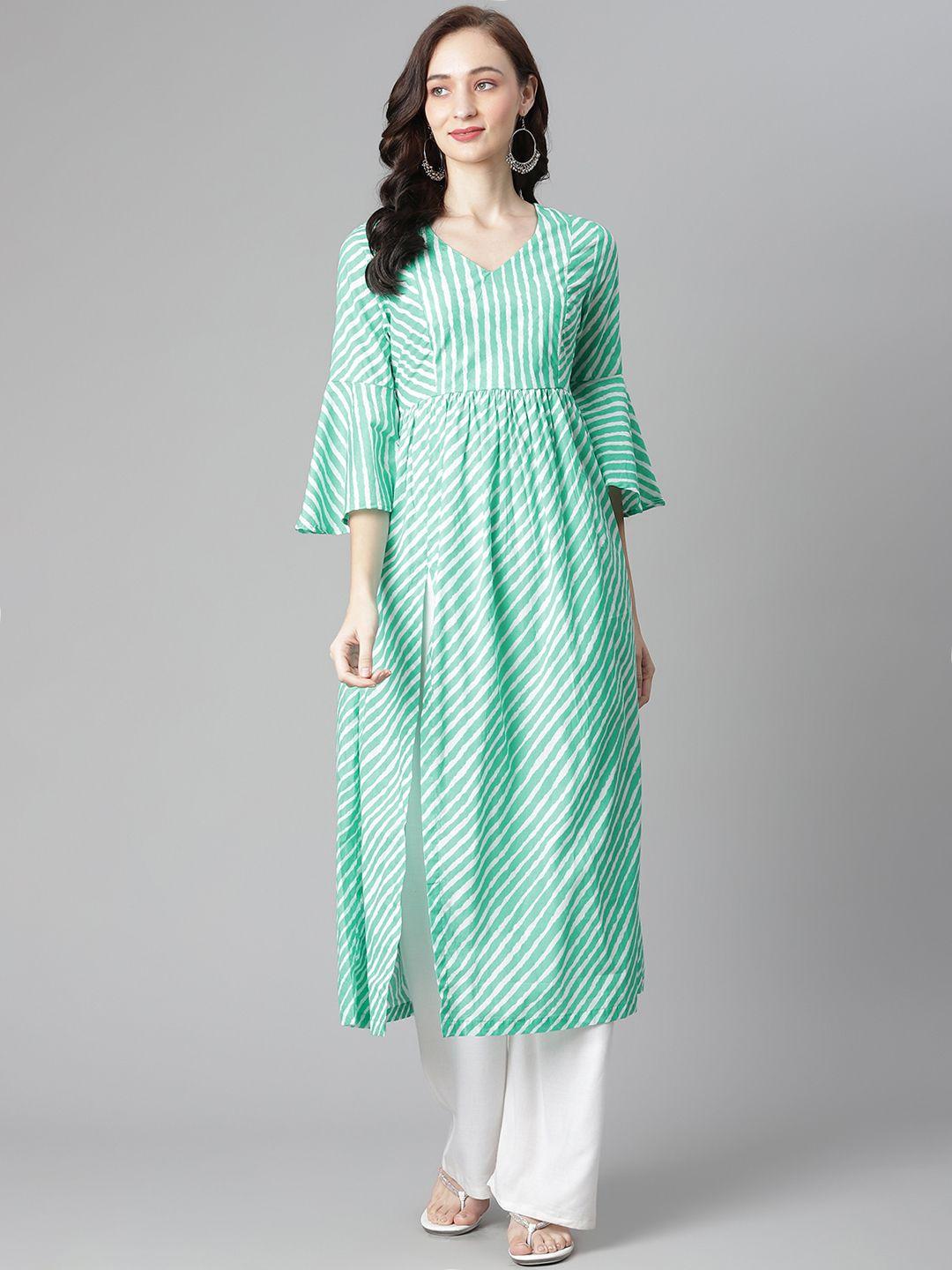 poshak hub women green & white leheriya printed kurta