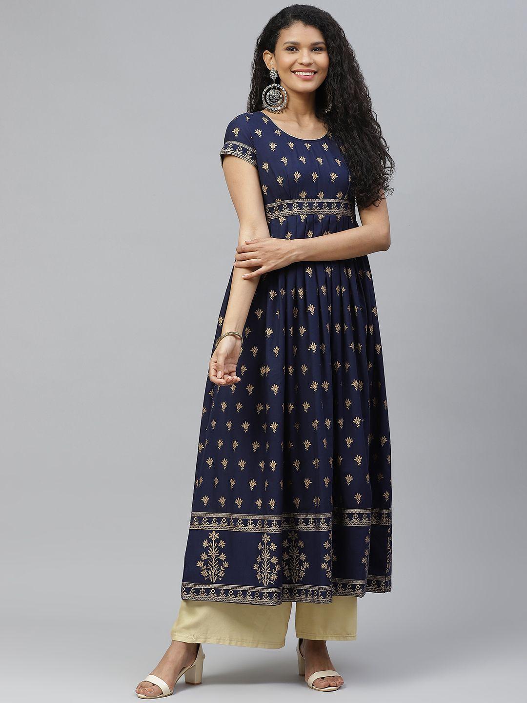 poshak hub women navy blue & golden ethnic motifs print panelled cotton anarkali kurta