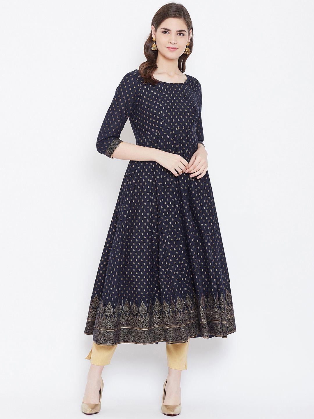 poshak hub women navy blue & golden printed anarkali kurta