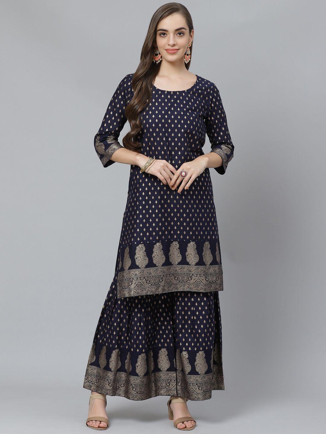 poshak hub women navy blue & golden pure cotton ethnic motif print kurta with sharara