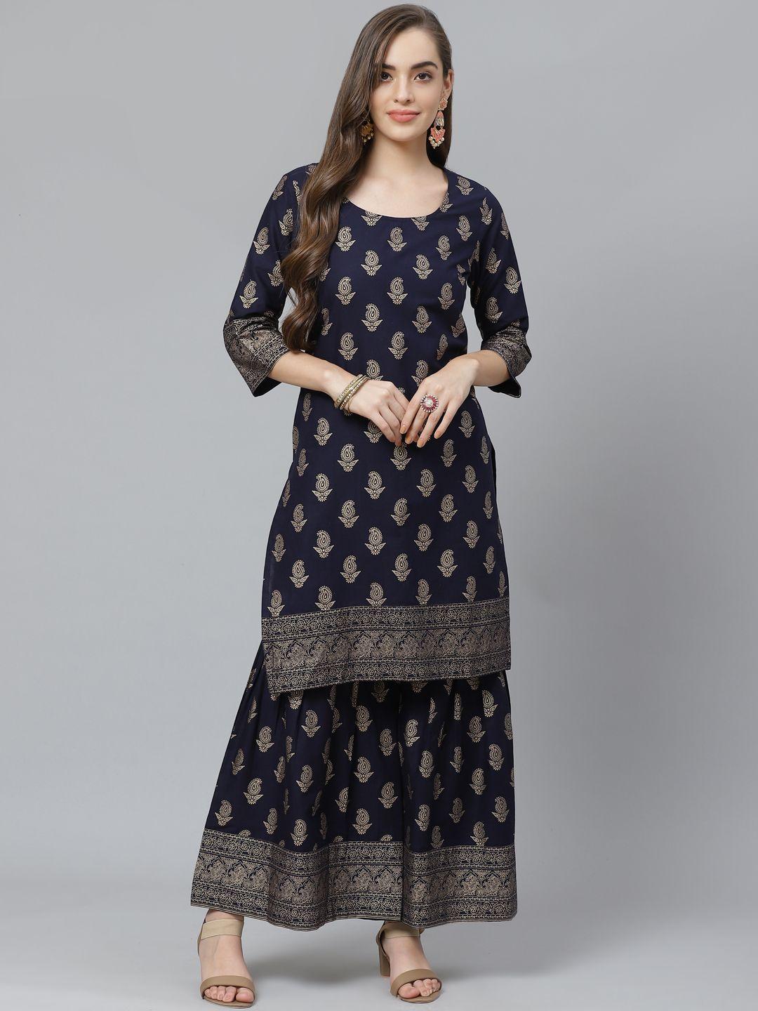 poshak hub women navy blue & golden pure cotton paisley print kurta with sharara