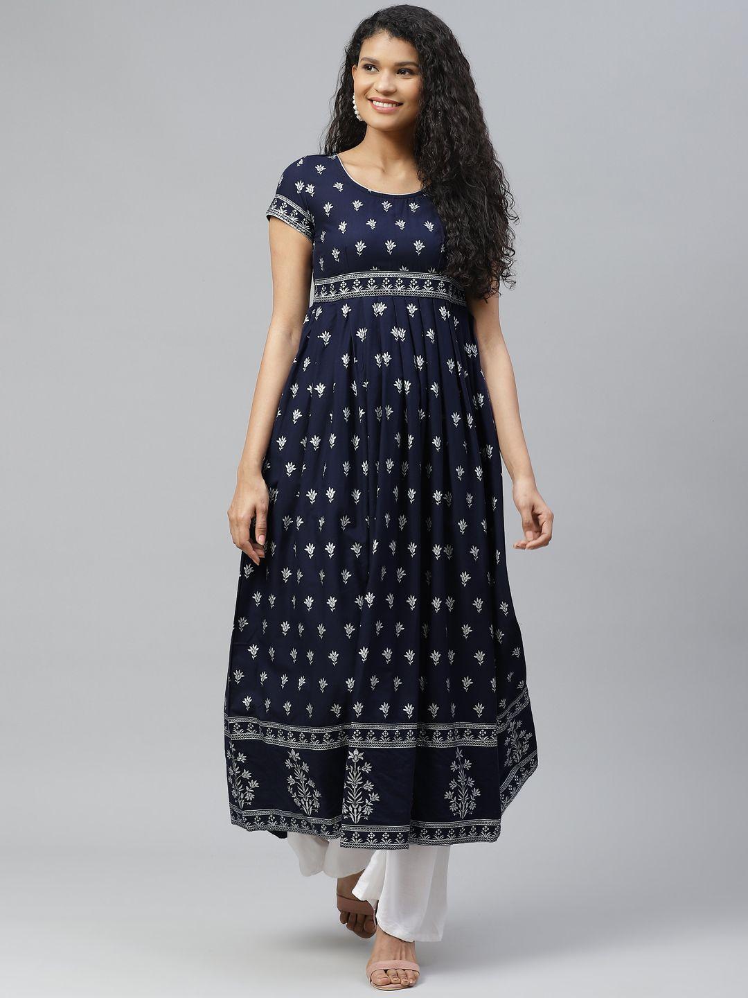 poshak hub women navy blue & silver ethnic motifs printed pure cotton kurta