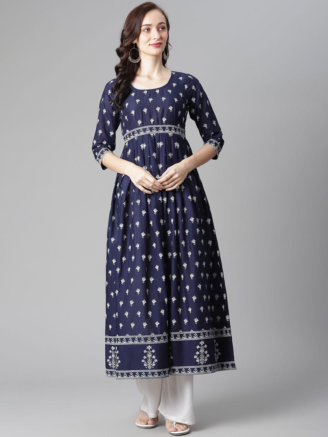 poshak hub women navy blue & white ethnic motifs printed pure cotton indigo kurta