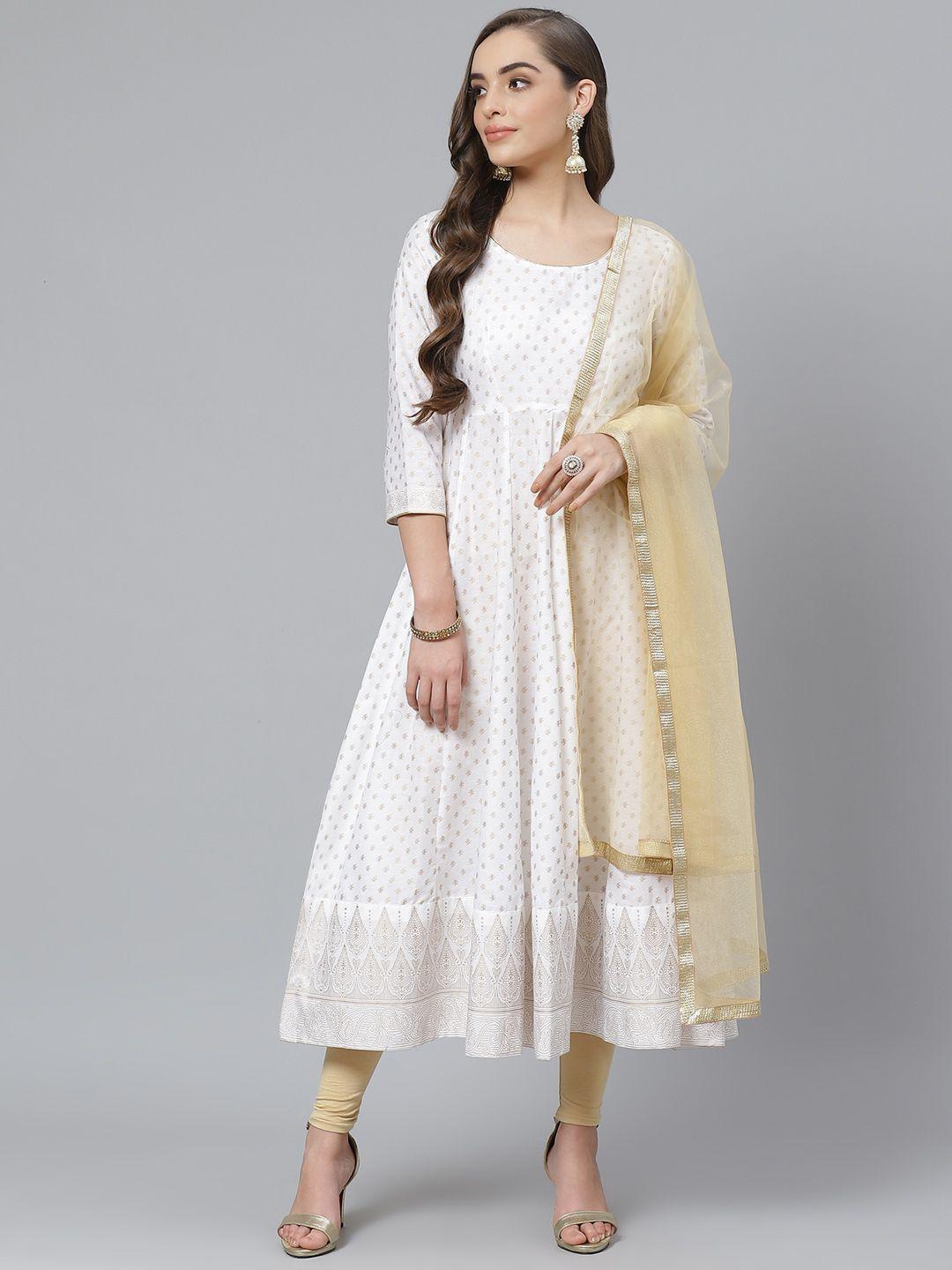 poshak hub women off-white & beige ethnic motif print kurta with churidar & dupatta