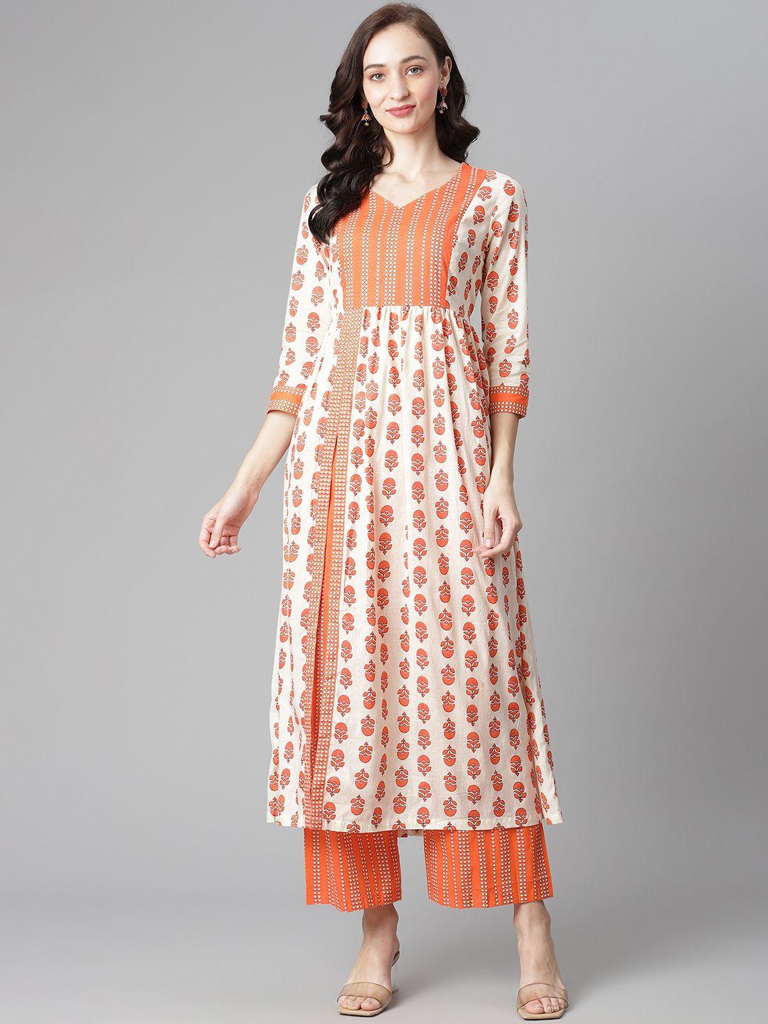 poshak hub women off white & peach-coloured printed high slit pure cotton kurta & palazzos