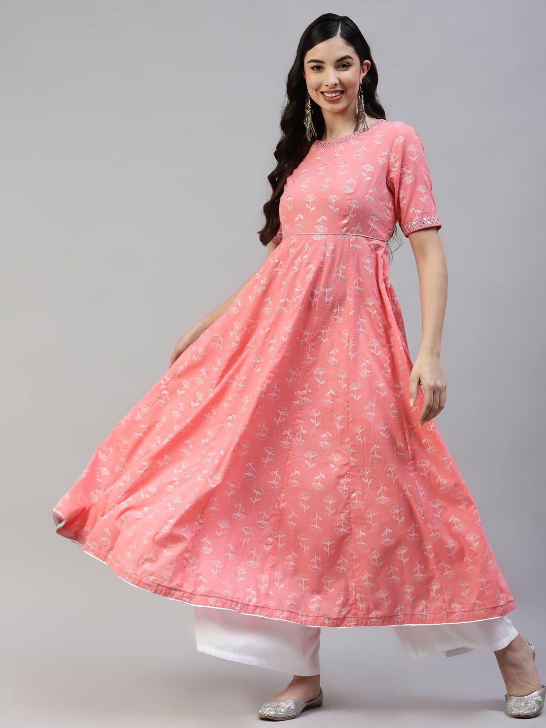 poshak hub women peach-coloured & white ethnic motifs printed thread work anarkali kurta