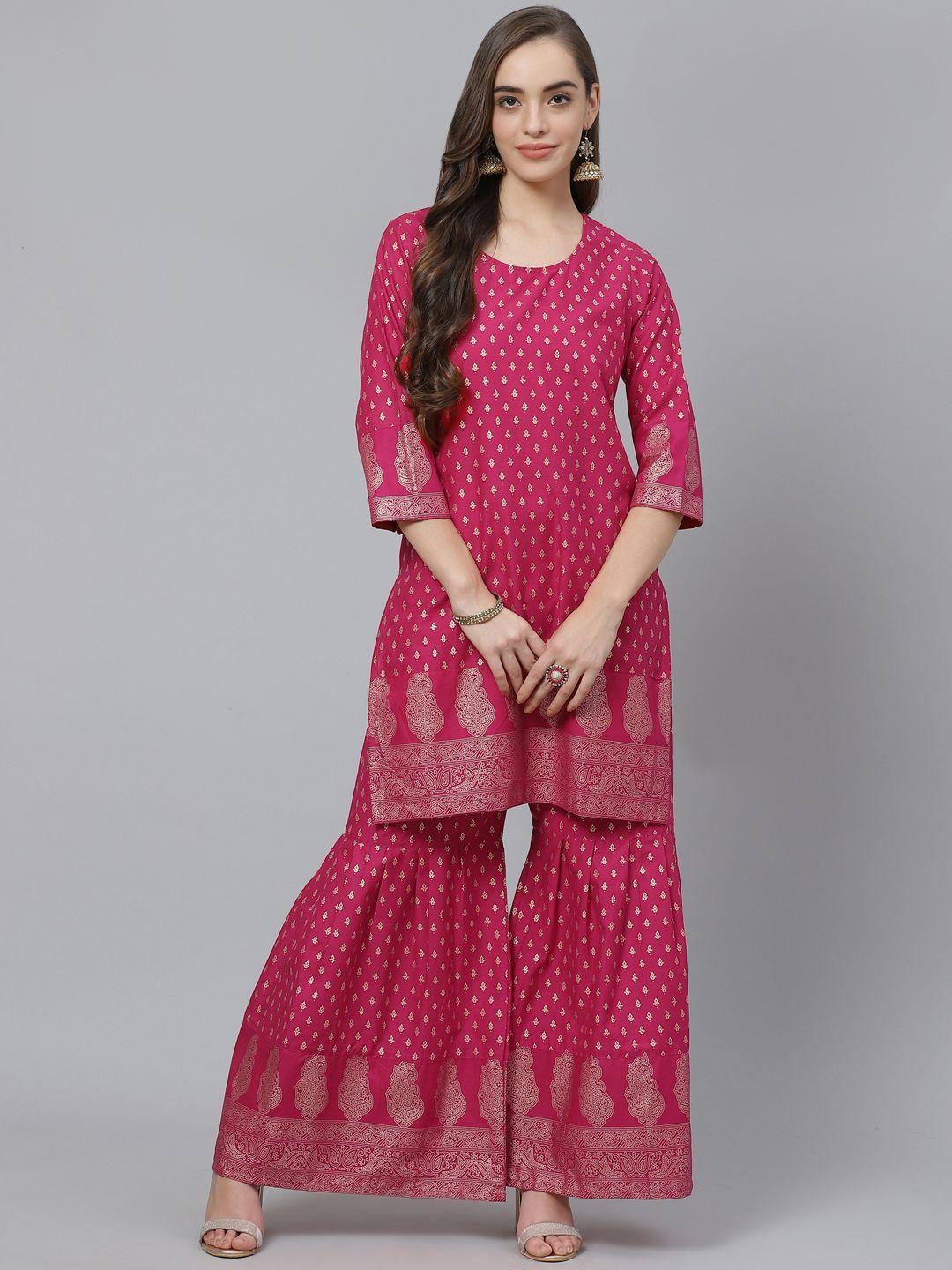 poshak hub women pink & golden pure cotton ethnic motif print kurta with sharara