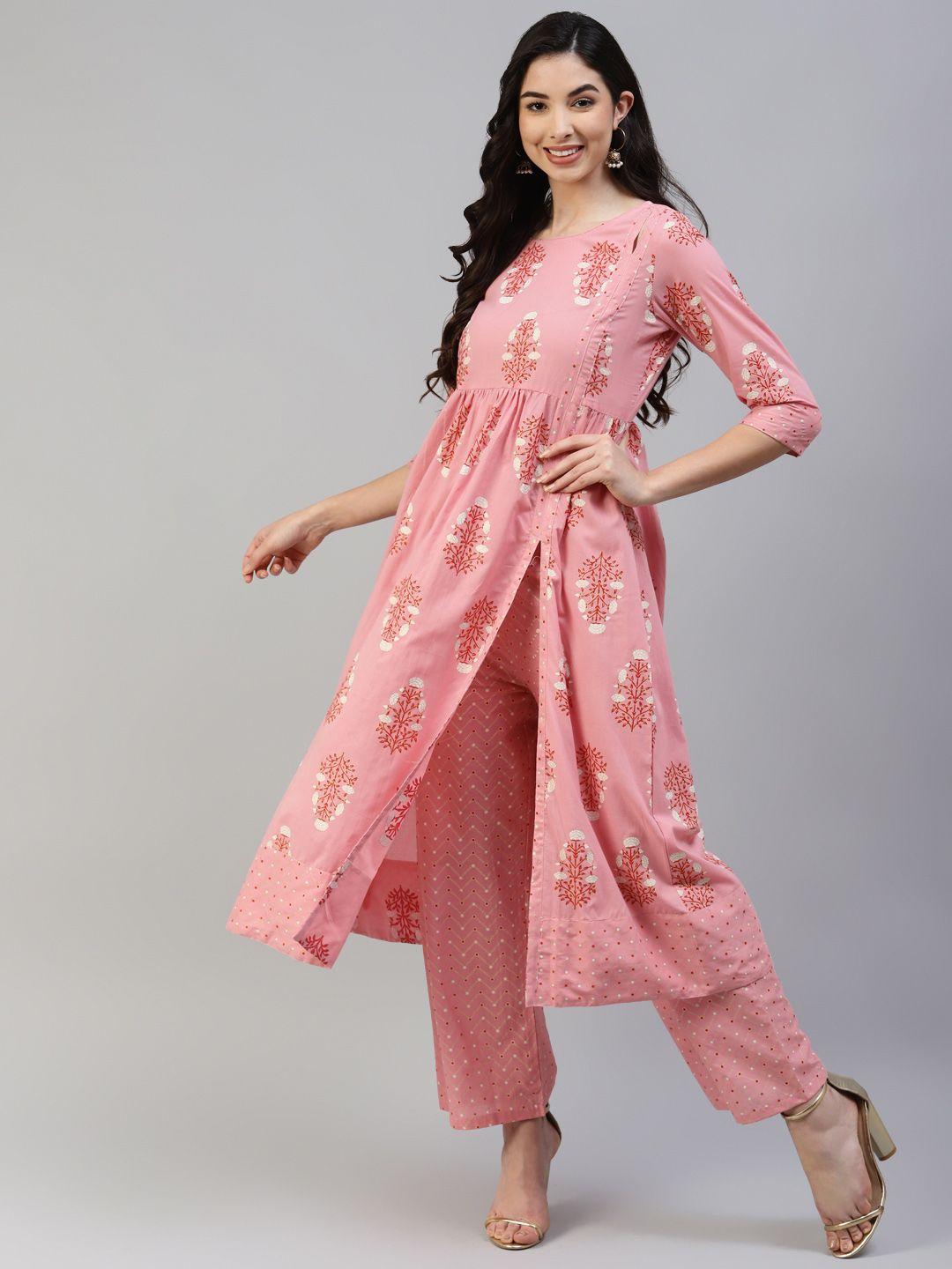 poshak hub women pink & off-white pure cotton floral print kurta with palazzos