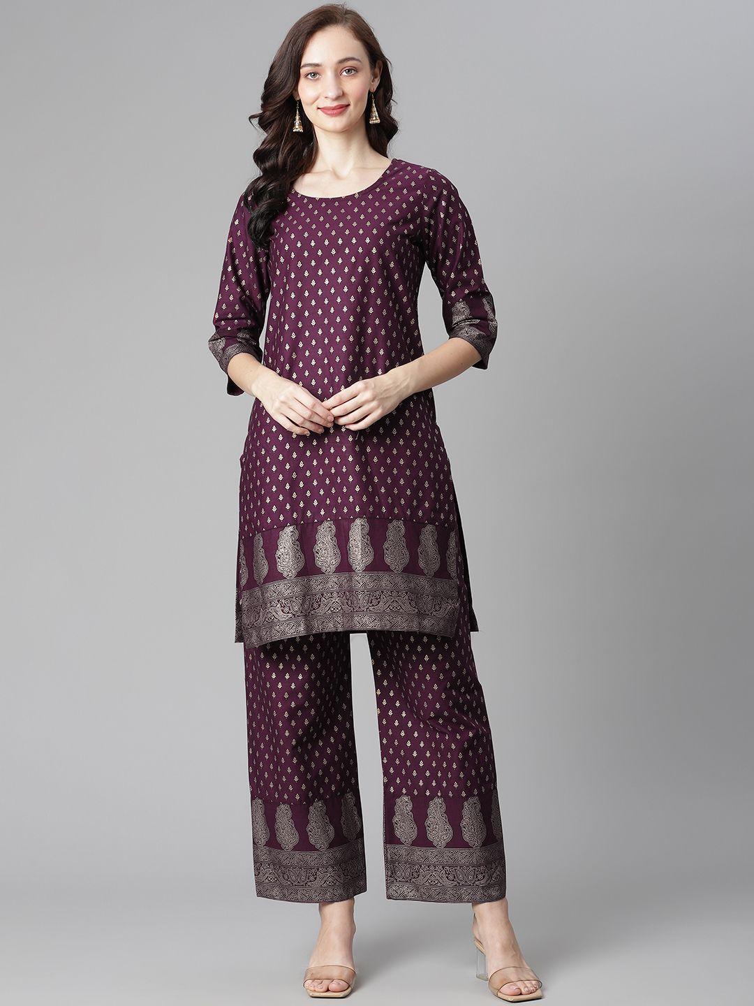 poshak hub women purple & golden ethnic motifs printed pure cotton kurta with palazzos