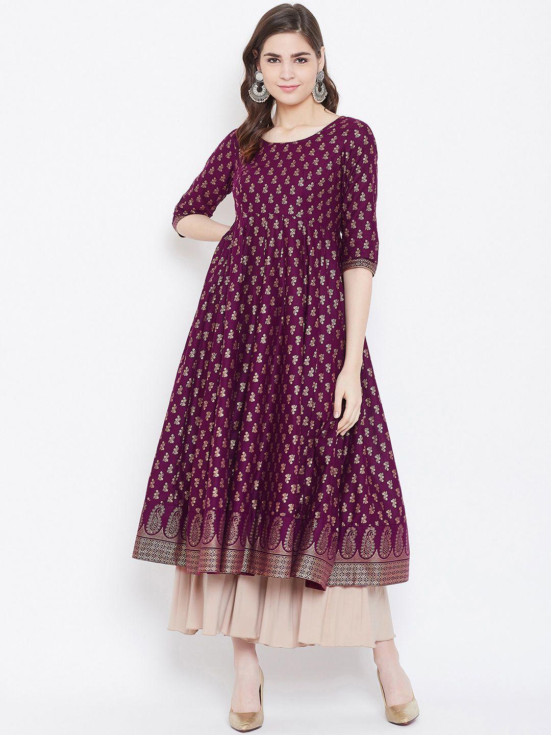 poshak hub women purple & golden printed empire anarkali kurta