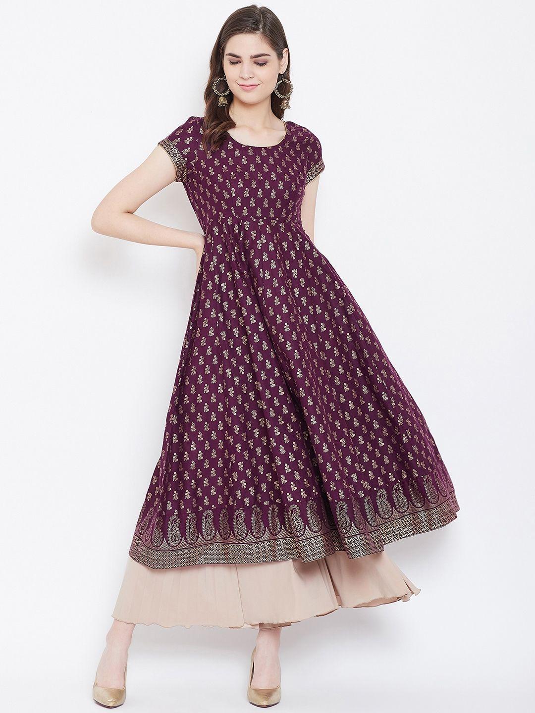 poshak hub women purple & golden printed empire anarkali kurta