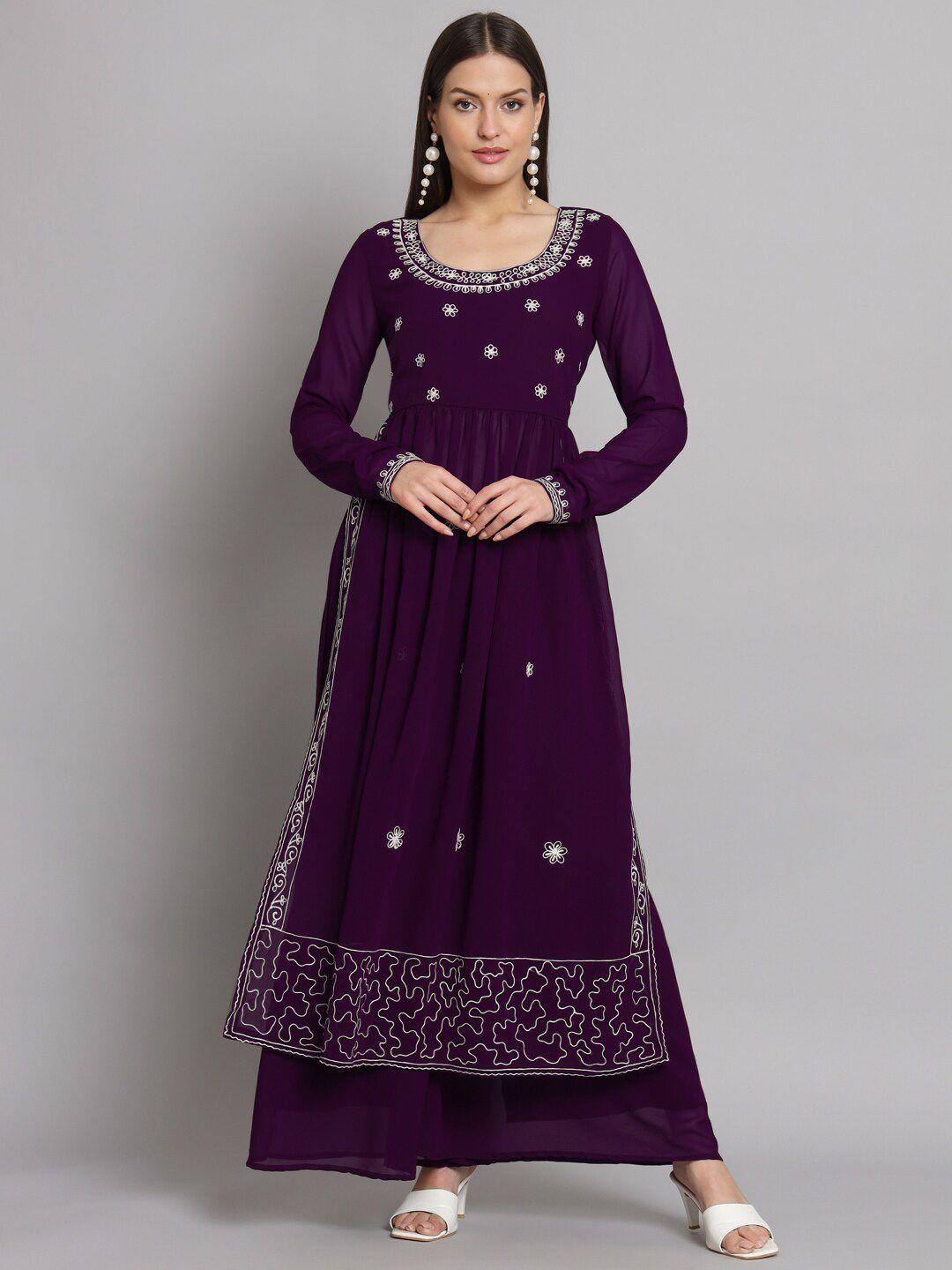 poshak hub women purple floral embroidered high slit kurta with sharara