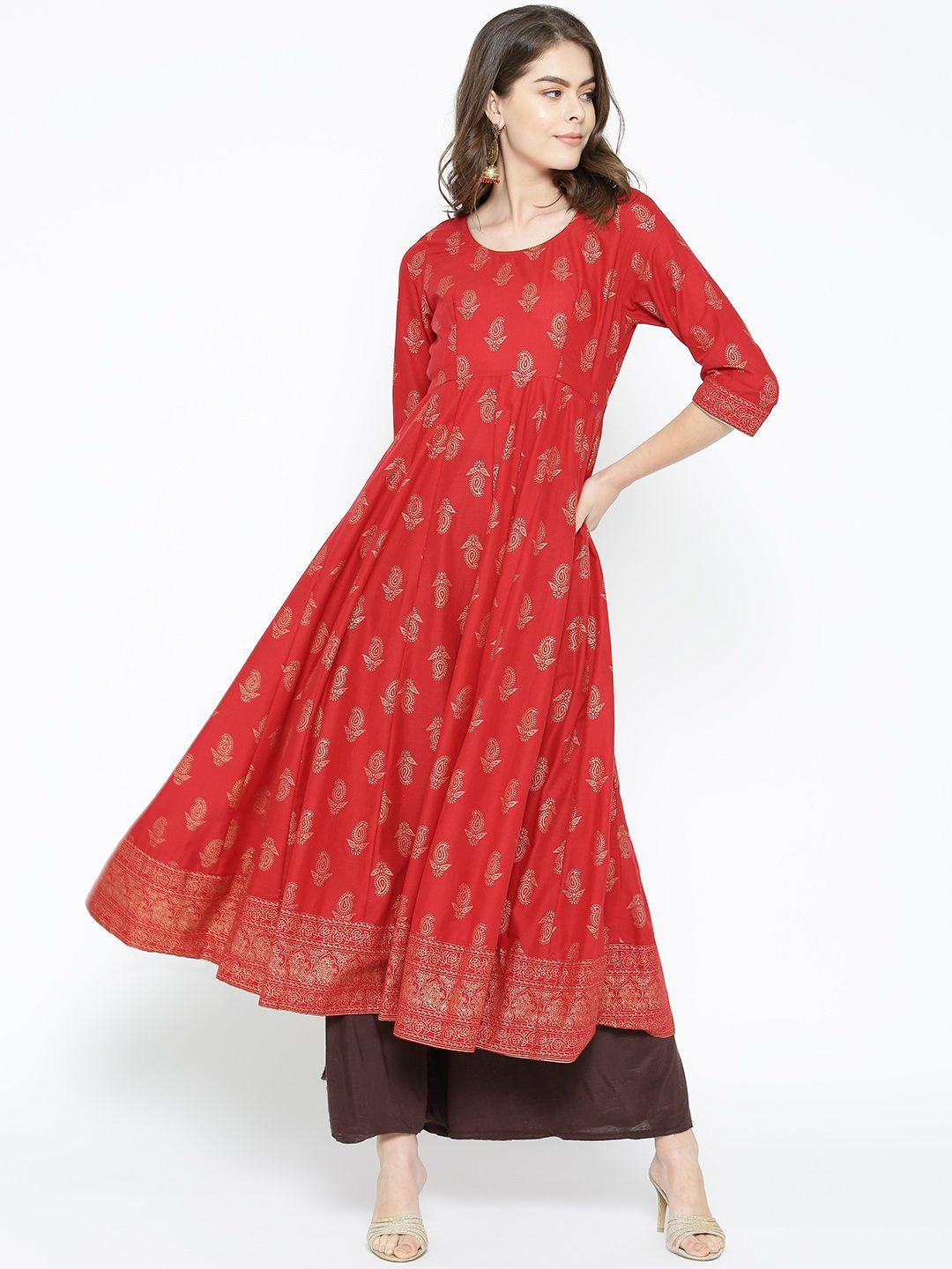 poshak hub women red & golden printed anarkali kurta