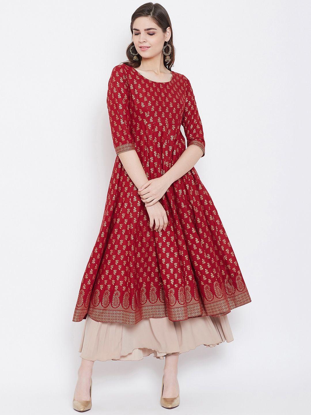 poshak hub women red & golden printed empire anarkali kurta