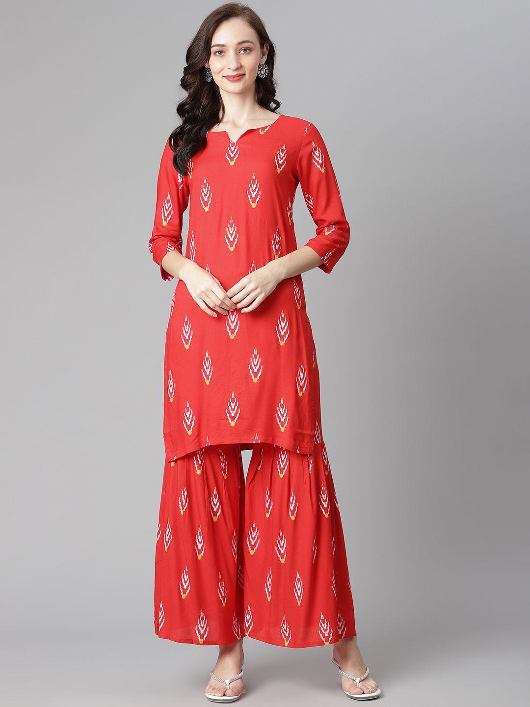 poshak hub women red & off-white ikkat printed regular kurta with sharara