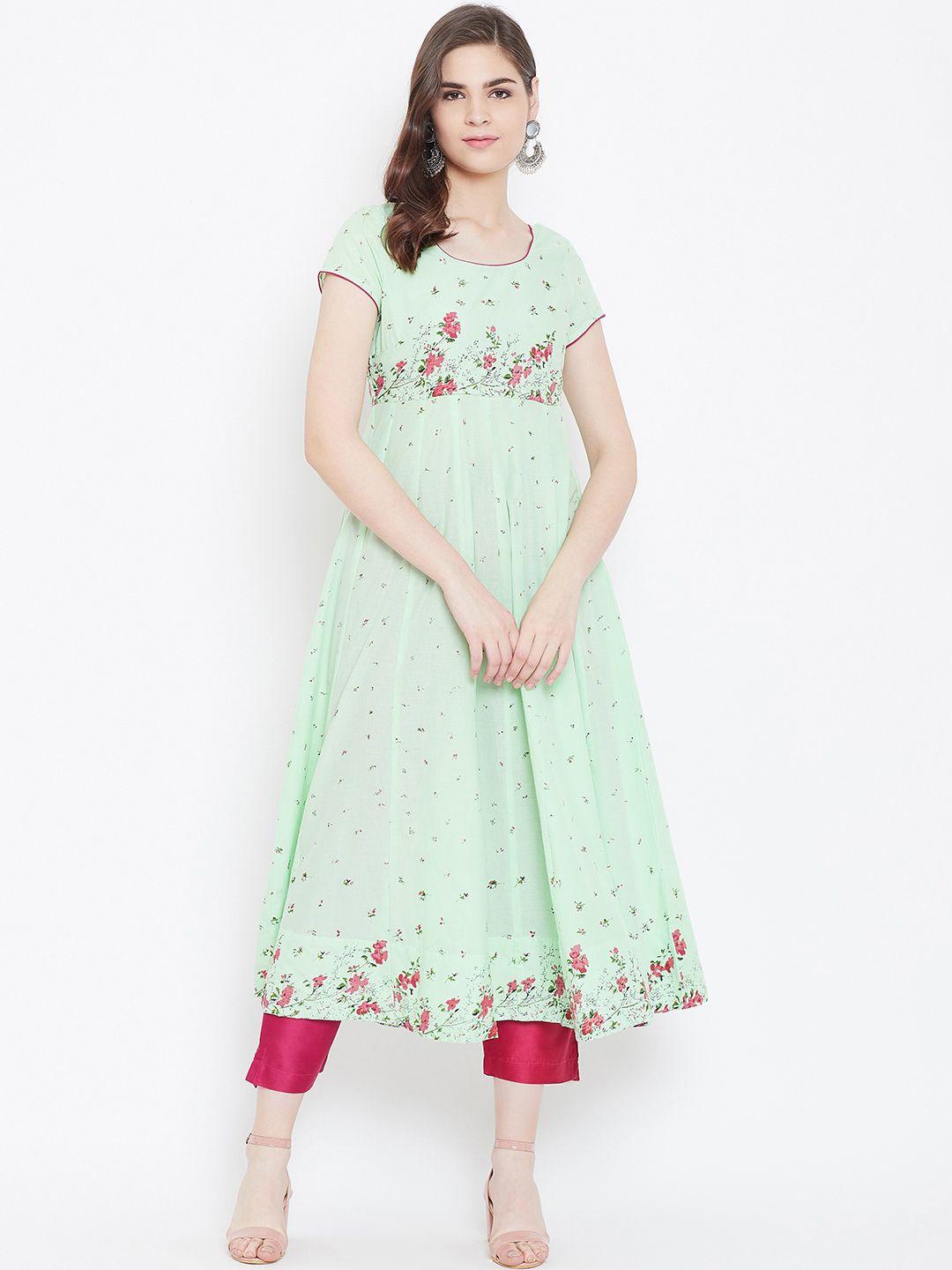 poshak hub women sea green & pink floral printed anarkali kurta