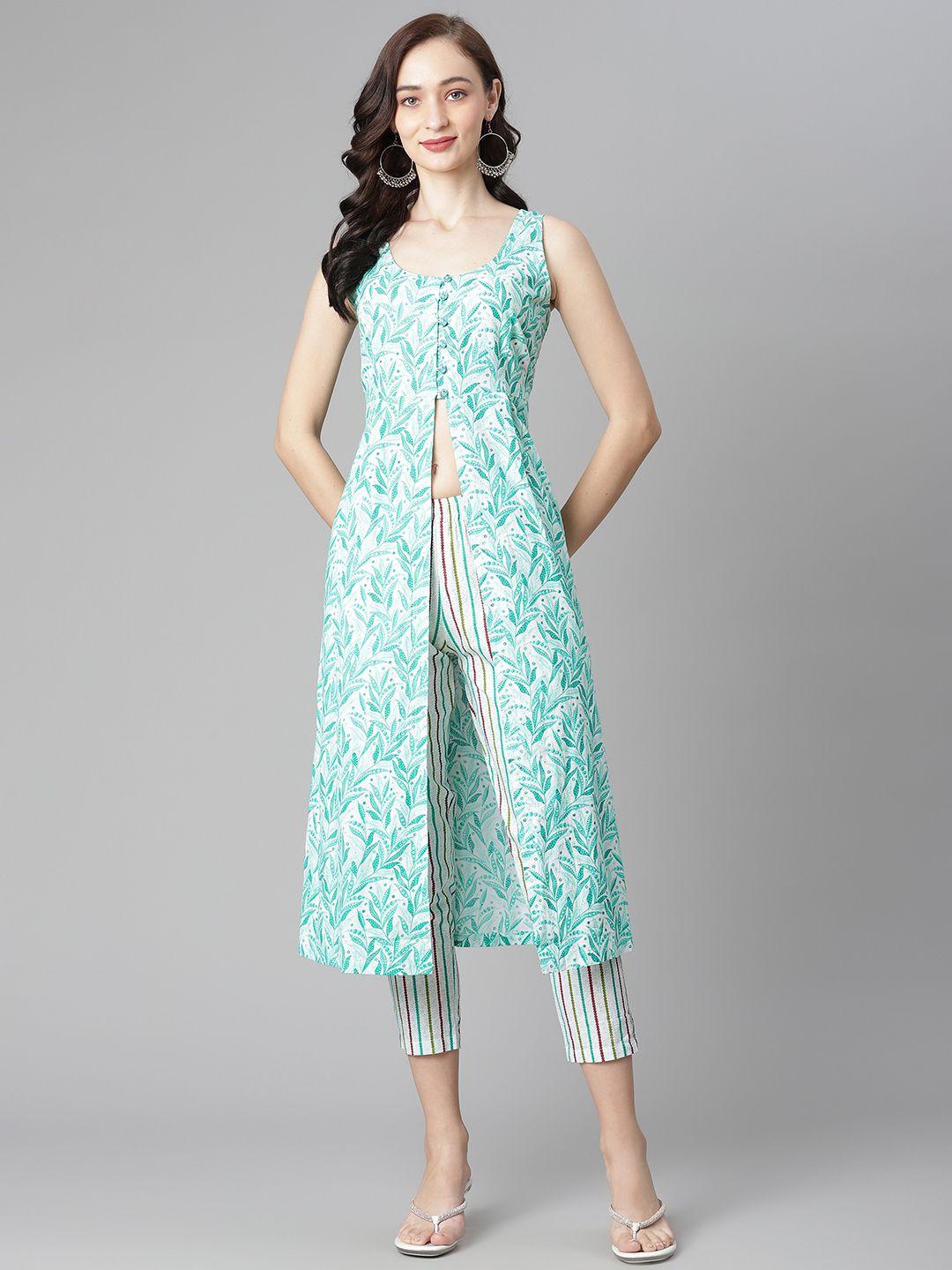 poshak hub women sea green & white printed high slit pure cotton kurta with trousers